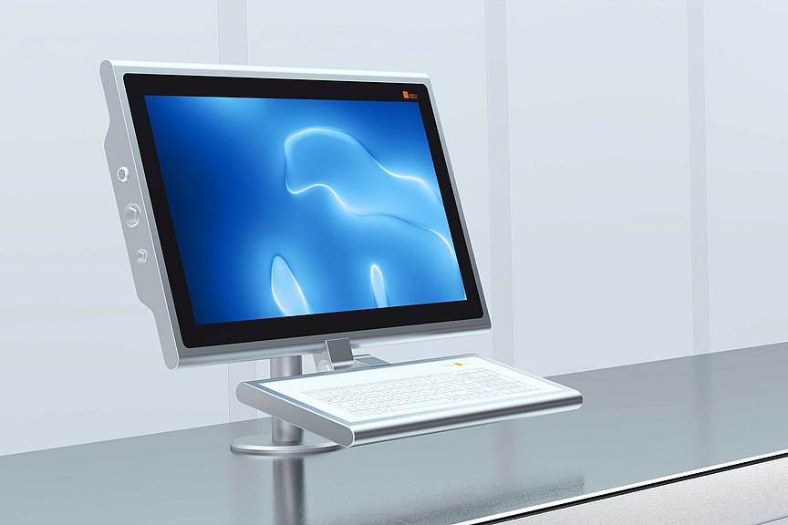 Wave desktop with keyboard mounted on the bench