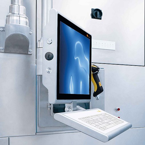 Wave HMI system on support arm with keyboard and scanner